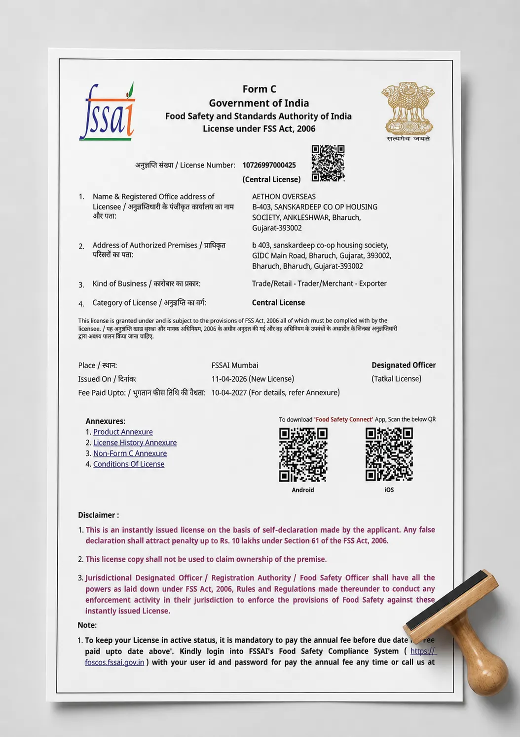 FSSAI Certificate — Aethon Overseas